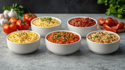Assorted pasta dishes in white bowls.  Various pasta and sauce combinations on a light gray surface. Fresh ingredients like tomatoes and garlic surround the bowls