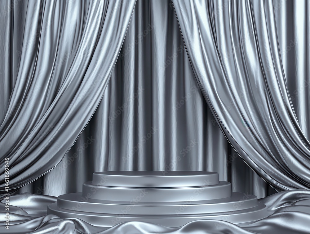 Poster elegant silver stage with draped curtains and metallic podium for product display and presentation i