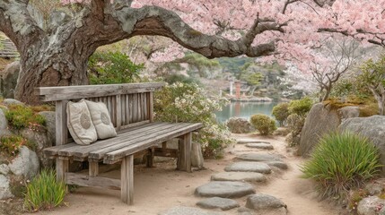 Obraz premium Serene Japanese Garden Bench with Cherry Blossoms