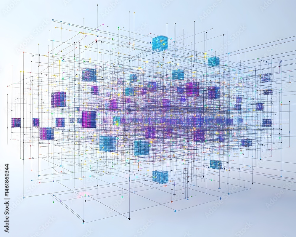 Poster a dynamic abstract representation of data networks, showcasing colorful cubes and interconnected lin
