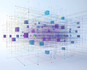 Fototapeta premium A dynamic abstract representation of data networks, showcasing colorful cubes and interconnected lines that symbolize digital connectivity and advanced technology concepts.