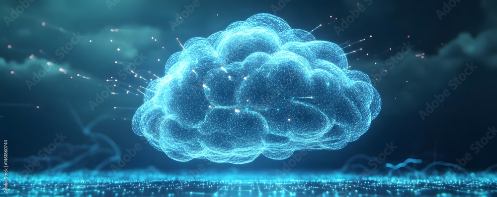 Poster a futuristic digital cloud element with glowing effects, representing data storage and cloud computi