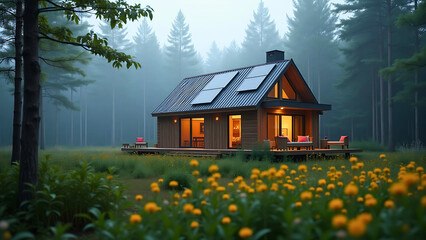 Modern tiny house in the woods with solar panels, surrounded by wildflowers and forest