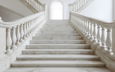 A majestic marble staircase with elegant railings leads upward, bathed in soft natural light
