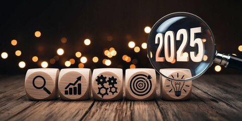 Wooden cubes with business icons and year 2025 under magnifying glass, bokeh lights background, symbolizing future planning and business strategy