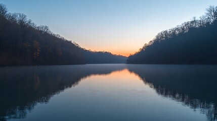 Fototapeta premium Serene Sunset Lake Reflection, Tranquil Autumn Forest Scenery
