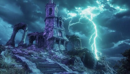Warlock’s Tower in the Tempest, A twisted, gothic tower atop a stormy cliff, surrounded by swirling magical energy, 