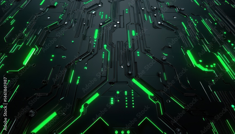 Poster Green Circuit Board Electronic Pathways and Complex Network System with Futuristic High Tech Design