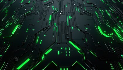 Green Circuit Board Electronic Pathways and Complex Network System with Futuristic High Tech Design