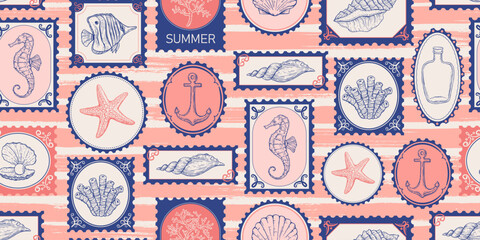 Seamless pattern with sea, summer style postage stamps. Underwater creatures, starfish, sea  horse, coral, fish. Hand drawn style. © olechkaart