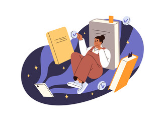 Girl reader reads electronic books in smartphone app. Young woman enjoys digital novels, stories in web services on phone. Online library, ebook concept. Flat isolated vector illustration on white