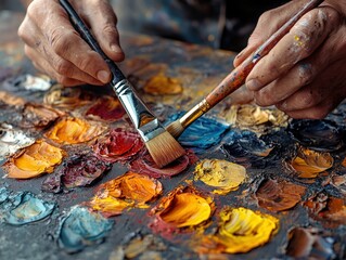 Artist Hands Mixing Oil Paints on Palette.