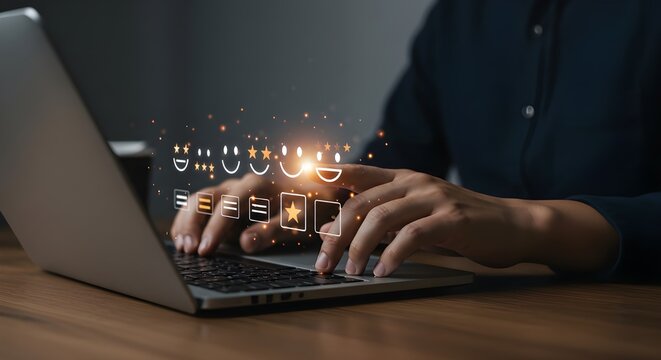El usuario califica la experiencia de servicio en la aplicaci&oacute;n en l&iacute;nea, concepto de encuesta de satisfacci&oacute;n del cliente, el cliente puede evaluar la calidad del servicio, lo que lleva a la clasific