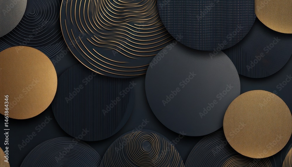 Poster luxurious abstract background featuring geometric circles in gold and black tones with intricate pat