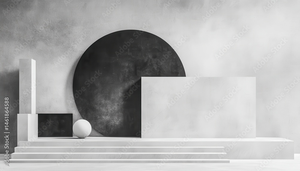 Poster minimalist concrete geometric stage with circle sphere and cubes in gray and white architecture back