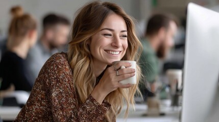 A young businesswoman with a joyful expression sits at her desk in a busy office, sipping coffee while focused on her computer screen, surrounded by colleagues in the background
