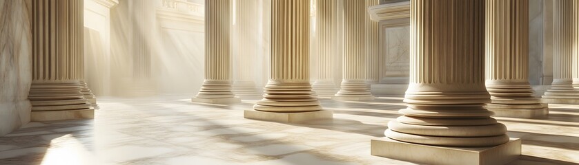A stunning interior view of an ancient temple, showcasing majestic columns bathed in soft light