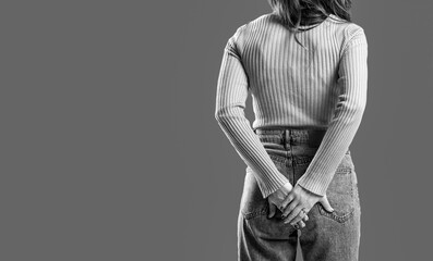 Woman suffering from hemorrhoid pain, diarrhea and constipation. Black and white