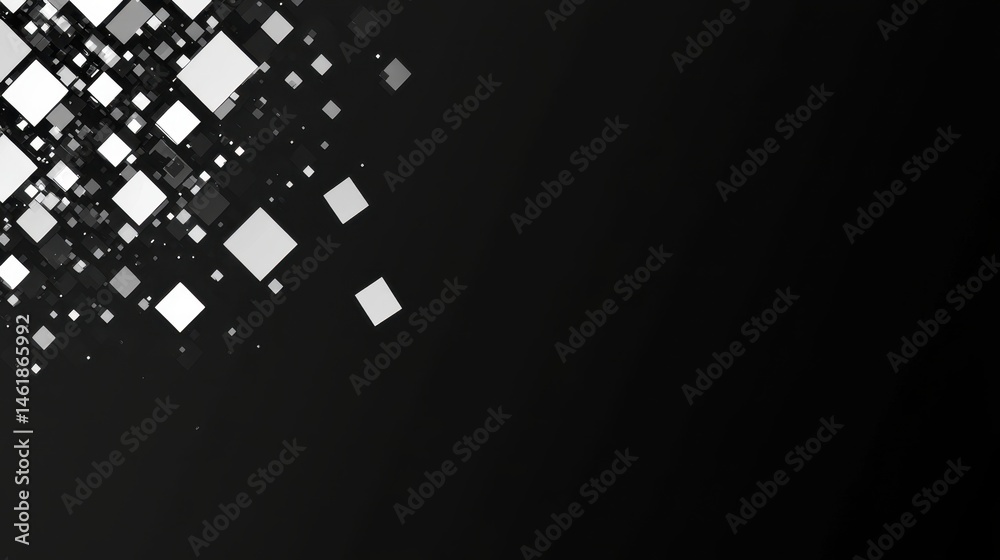 Poster Monochromatic Abstract Pattern Featuring Scattered Squares Over a Dark Gradient Background Minimalist Design with Geometric Shapes for Modern Art or Digital Wallpaper