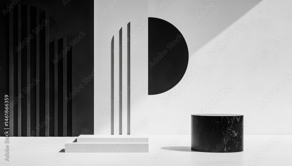 Poster Monochromatic Geometric Composition Featuring Abstract Shapes on White Background in a Modern Minimalist Style with Black Cylinders and Platforms