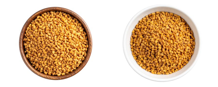 Top view of a bowl with fenugreek wheat seeds on a transparent background