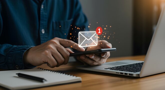 Mano de un empresario que usa un tel&eacute;fono inteligente para recibir correos electr&oacute;nicos con alertas de notificaci&oacute;n, concepto de comunicaci&oacute;n en l&iacute;nea