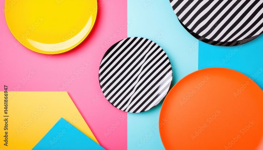 Poster Overhead Shot of Geometric Composition with Yellow Orange Striped Plates and Triangles on a Split Pink and Cyan Background