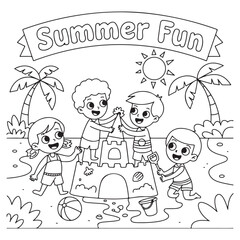 Coloring Page of a relaxing beach scene with a beach balls scattered on the sand