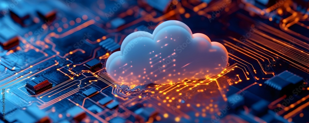 Poster a visually captivating cloud symbol floating above a circuit board, representing cloud computing and