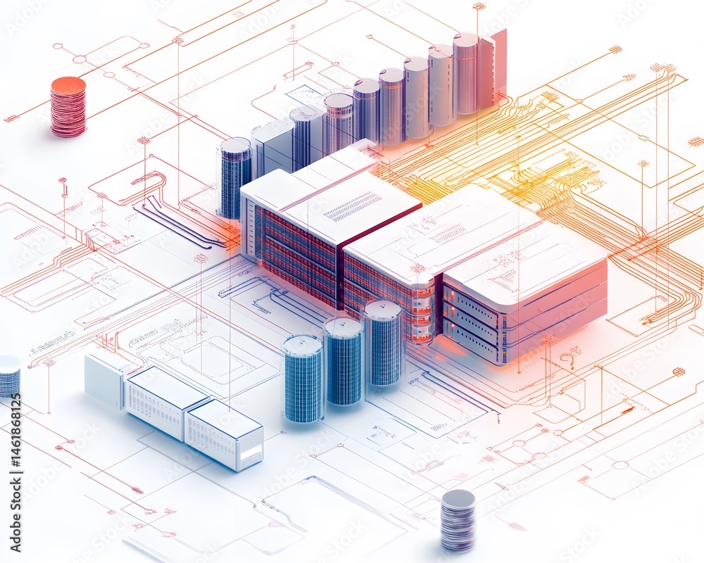 Poster an abstract representation of technological innovation featuring servers and data lines, showcasing 