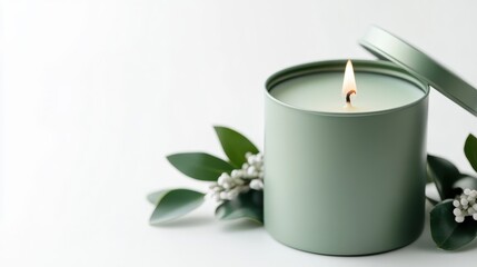 A stylish open green candle awaits its fragrance release, surrounded by elegant flora, promising to enhance any environment with its calming and aesthetic qualities.