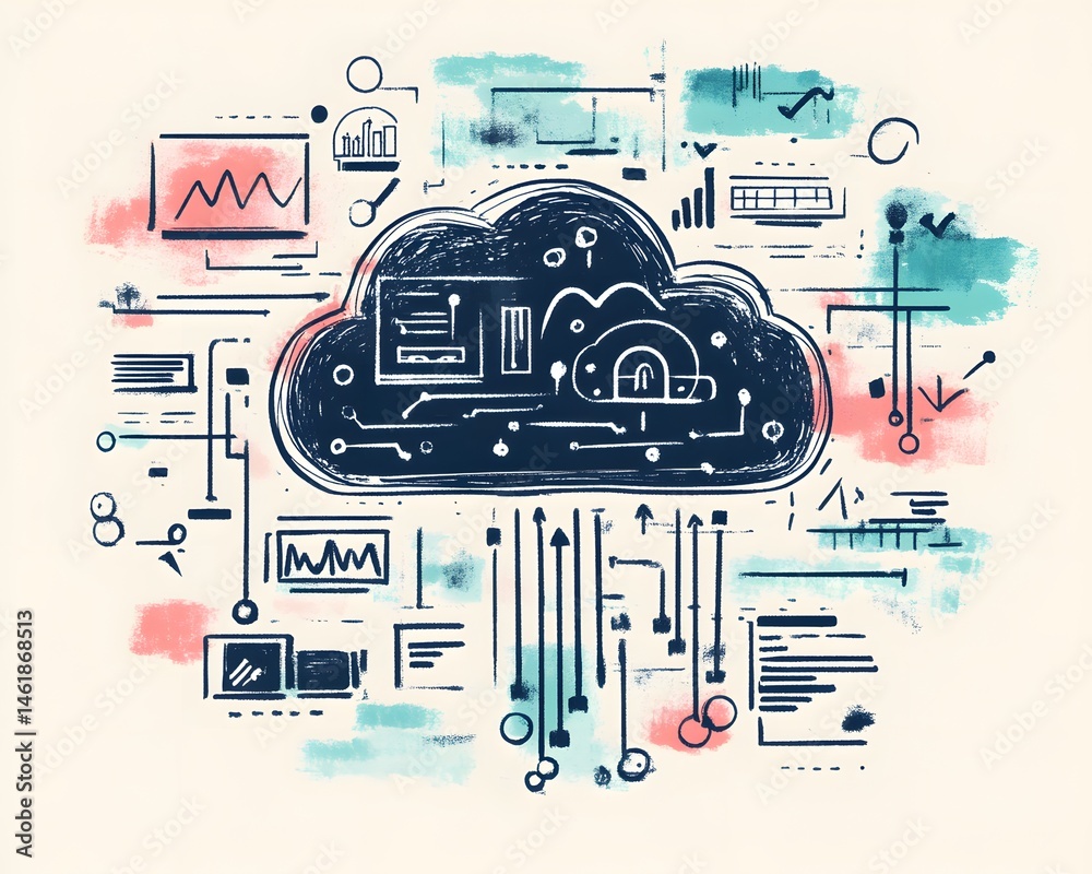 Poster an artistic illustration of cloud computing, featuring various graphs and data flows. this design ca