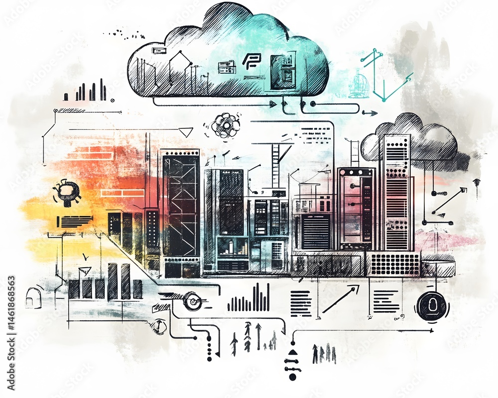 Poster an artistic illustration representing cloud computing and data storage. charts and graphs symbolize 