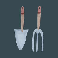 Watercolor Illustration of Garden Tools Shovel and Hand Rake in isolated background