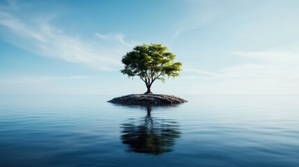 A solitary green tree sits atop a small rocky island, surrounded by an endless expanse of calm, blue water under a clear sky, symbolizing isolation and tranquility in nature.