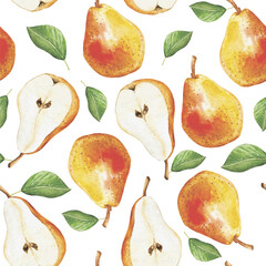 Watercolor pears and leaves seamless pattern background