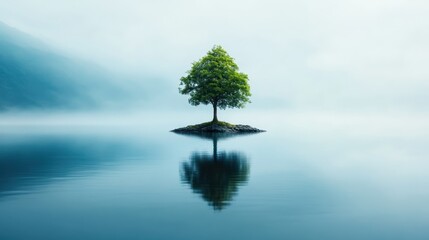 A solitary green tree stands majestically on a small rocky island surrounded by calm waters, creating a tranquil and peaceful scene that reflects nature's beauty perfectly.