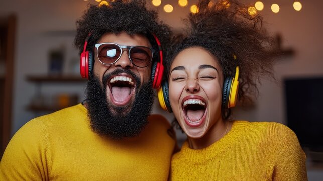 A vibrant image of a joyful couple wearing headphones, expressing happiness and carefree spirit through music, embodying the power of connection and shared moments in life.