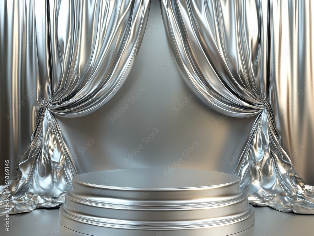 Aufkleber Silver Stage with Elegant Curtains for Presentation and Performance Backdrop with Luxurious Draping