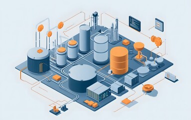 An isometric illustration of a modern industrial facility featuring storage tanks, pipelines, and industrial machinery