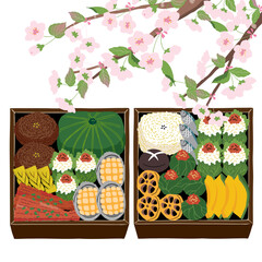 봄날 피크닉을 위한 한식 도시락 세트 . 벡터 일러스트레이션