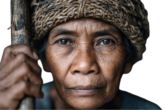 Closeup portrait of a wise elderly woman with wrinkled on transparent background