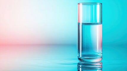 A simple yet elegant tall glass cylinder filled with crystal clear water stands on a reflective surface, portraying minimalism and clarity against a soft gradient background.