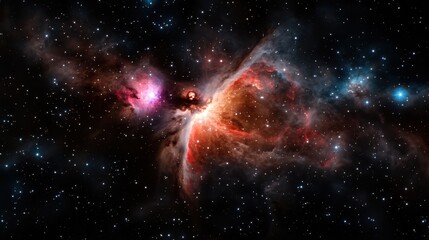 Obraz premium A vibrant nebula showcasing swirling clouds of gas and dust illuminated by the radiant stars within, highlighting the beauty and mystery of the universe's formation.