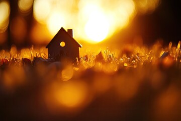 Miniature house in a field at sunset.  Golden light shines on a small wooden house nestled in grass