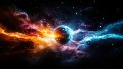 A mesmerizing view of a planet enveloped by colorful cosmic streams of energy, symbolizing the interconnectedness of celestial bodies within the universe.