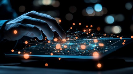 Hands typing on a laptop, network graphic overlay