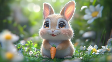 Carrot-Loving Bunny: A delightful cartoon illustration of a fluffy bunny with big brown eyes, holding a bright orange carrot in its paws, surrounded by daisy flowers in a green meadow.