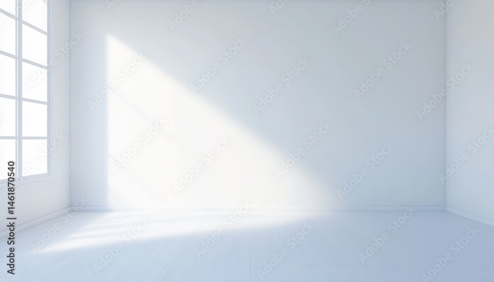 Aufkleber sunlight streaming through window illuminating an empty all white room with wooden floor and walls i