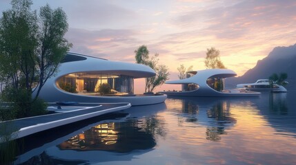 Futuristic Floating Homes at Sunset: Calm Waters, Modern Design